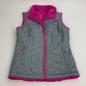 The North Face Reversible Puffer Quilted Fleece Vest Zip up Small Gray Fuschia